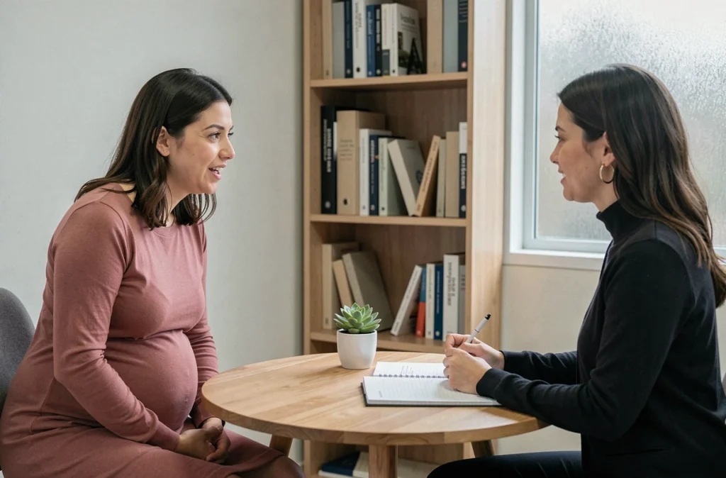 Femme enceinte en séance de soutien psychologique avec une thérapeute, représentant l'accompagnement de la santé mentale pendant la grossesse