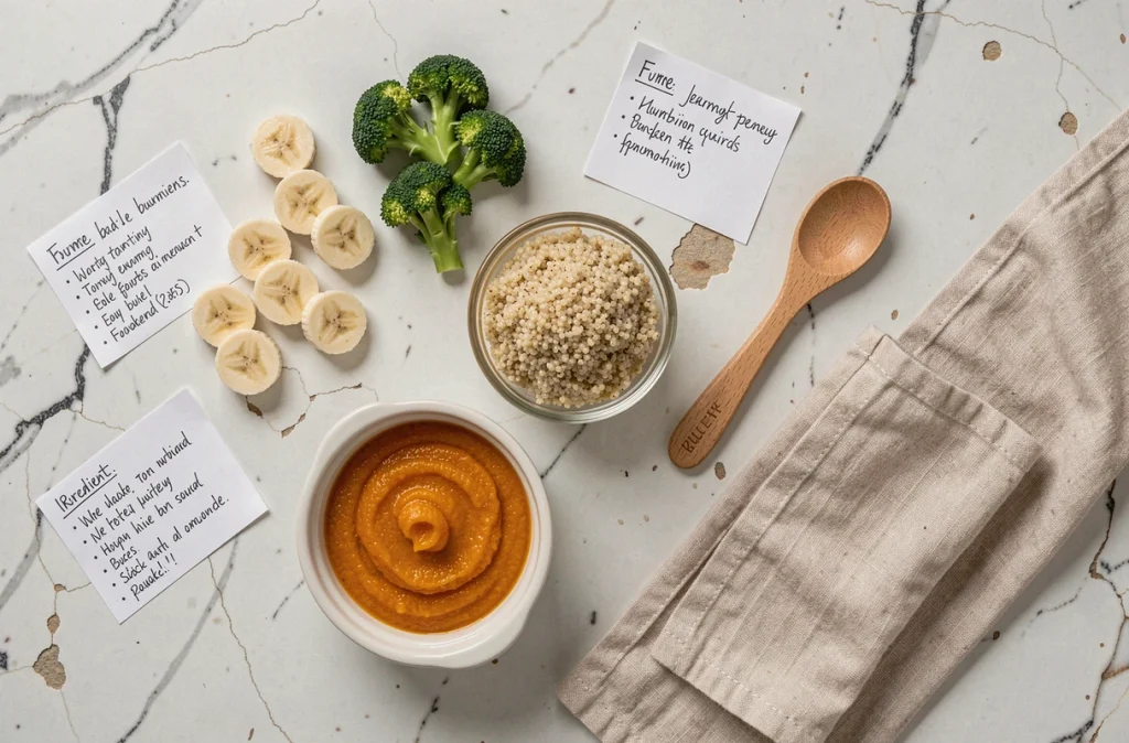 Vue de dessus d'aliments sains et équilibrés pour l'alimentation diversifiée d'un bébé sur marbre blanc