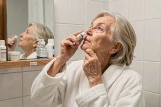 Patiente âgée appliquant des gouttes oculaires STERDEX à domicile après opération de la cataracte