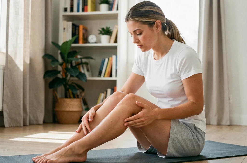 Femme effectuant une auto-palpation des ganglions lymphatiques de l'aine à domicile
