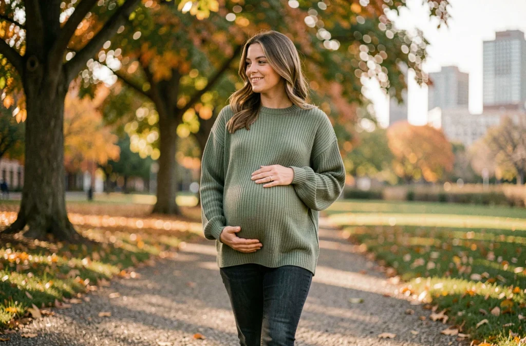 Femme enceinte se promenant dans un parc urbain en automne, souriante et détendue, symbolisant le bien-être mental durant la grossesse