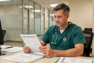 Chirurgien homme consultant des documents de salaire et graphiques dans un bureau hospitalier moderne