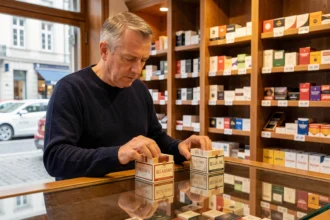 Homme comparant deux paquets de cigarettes sur le comptoir d'un bureau de tabac au Luxembourg, avec les étiquettes de prix visibles