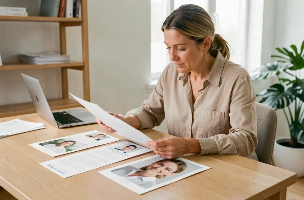 Femme comparant des témoignages et photographies avant-après posées sur un bureau en bois