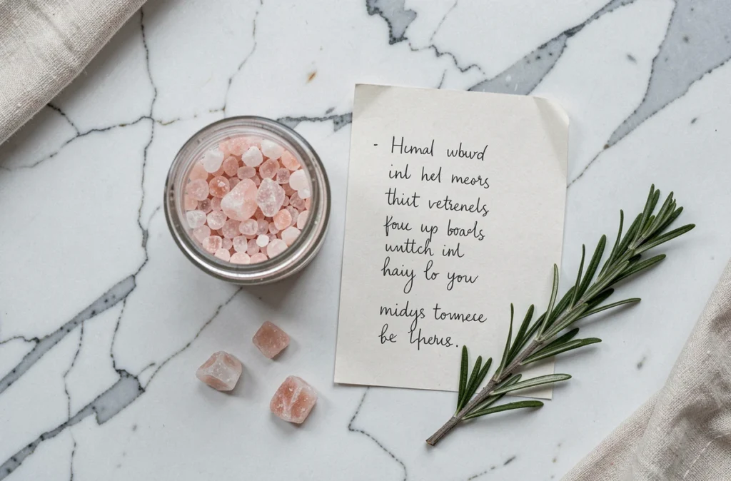 Composition bien-être avec sel rose de l'Himalaya, romarin séché et note manuscrite sur marbre blanc