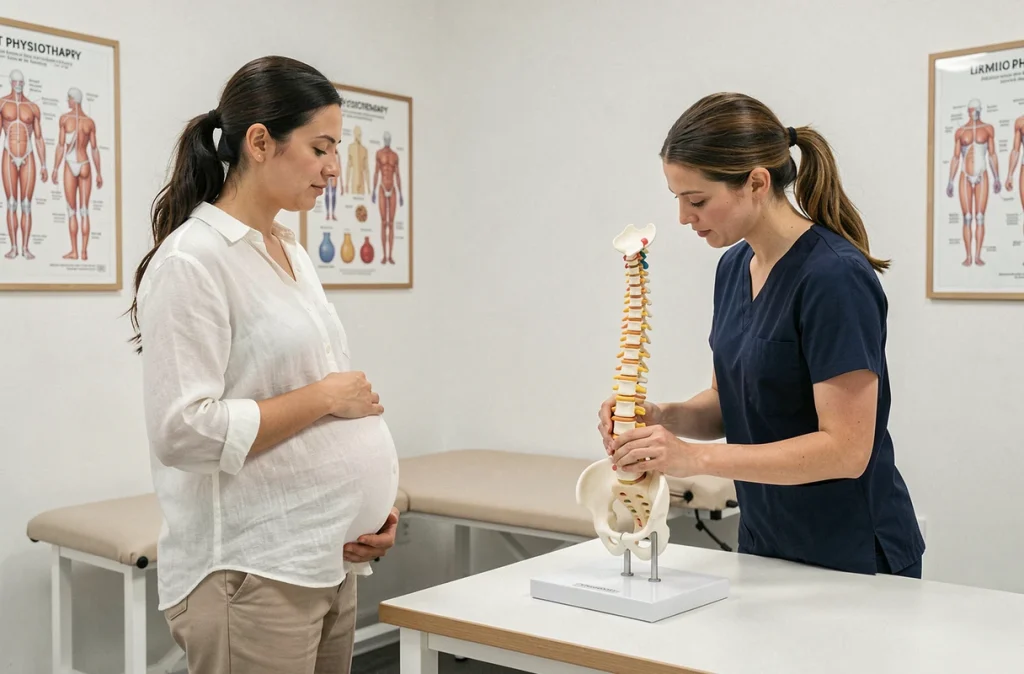 Consultation de physiothérapie pour une femme enceinte souffrant de douleurs posturales et lombaires