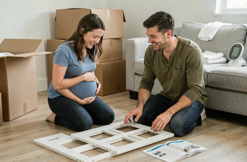 Couple attendant un bébé en train de monter un berceau dans le salon avant l'accouchement