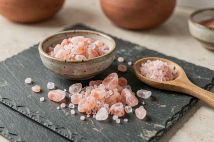 Cristaux de sel rose de l'Himalaya dans un bol en céramique rustique sur une ardoise sombre