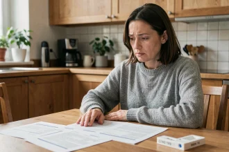 Femme consultant des documents administratifs après un test COVID positif dans une cuisine moderne