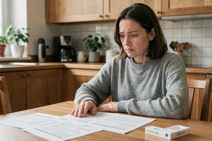 Femme consultant des documents administratifs après un test COVID positif dans une cuisine moderne