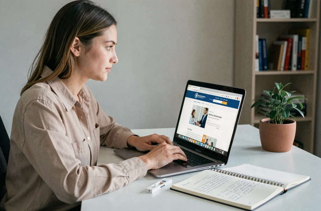 Jeune femme réalisant ses démarches administratives en ligne après un test positif depuis son bureau à domicile