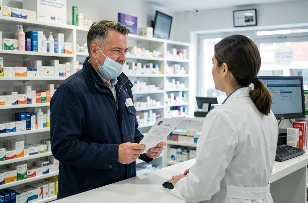 Homme effectuant des démarches administratives en pharmacie après un résultat de test positif