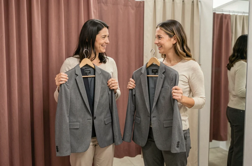 Deux femmes dans la trentaine comparant des tailles de veste dans un couloir de cabines d'essayage, illustrant la diversité des morphologies et la taille moyenne féminine en France