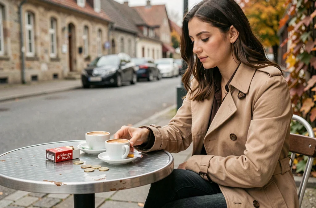 Jeune femme posant un paquet de cigarettes et des pièces de monnaie sur une table de café en terrasse près de la frontière luxembourgeoise