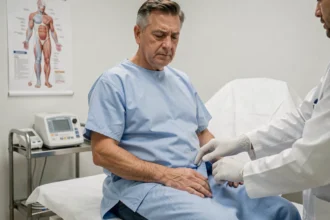 Médecin examinant les ganglions lymphatiques de l'aine d'un patient en consultation médicale
