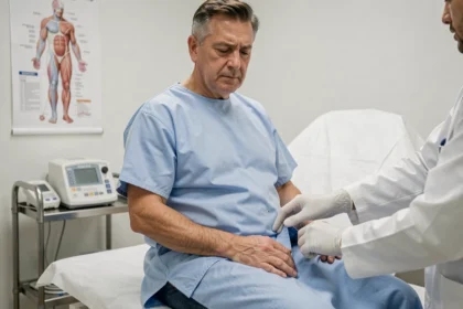 Médecin examinant les ganglions lymphatiques de l'aine d'un patient en consultation médicale