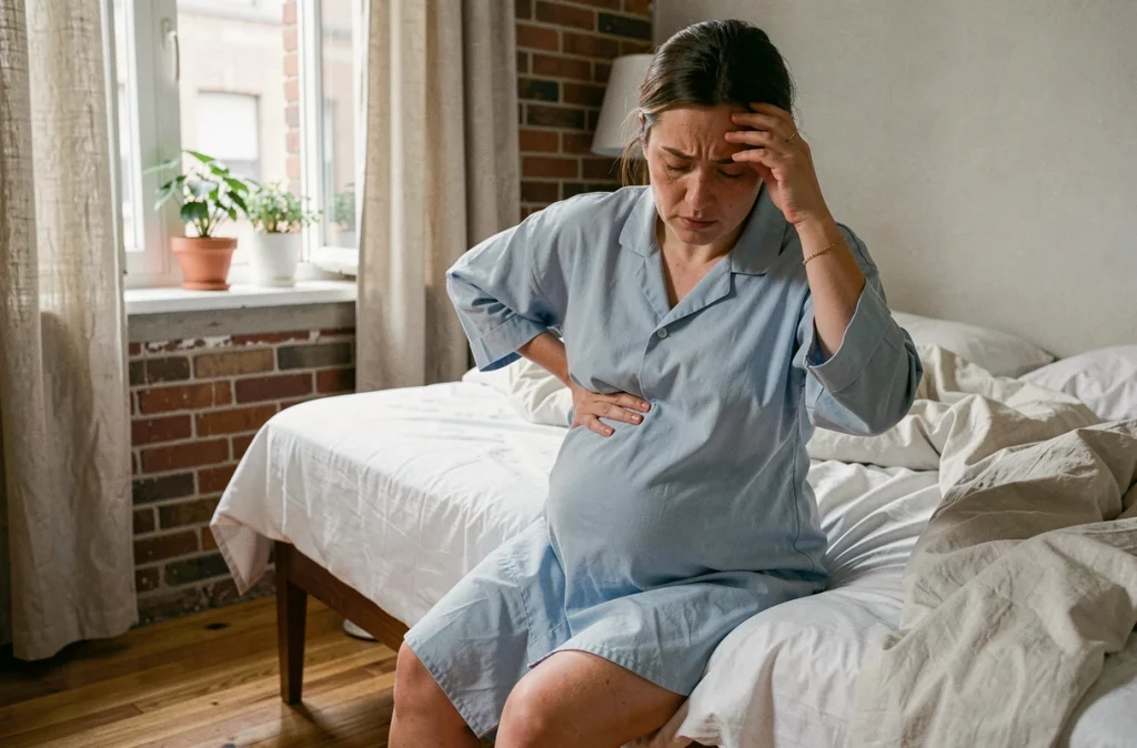 Femme enceinte au premier trimestre assise au bord du lit au réveil, exprimant la fatigue matinale dans un appartement chaleureux avec mur en briques et fenêtre lumineuse