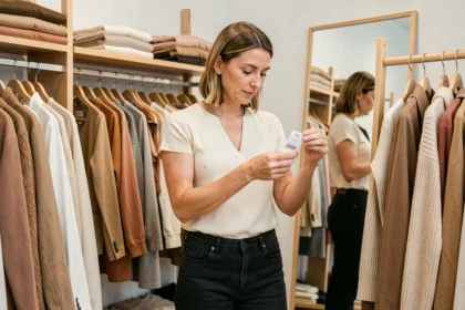 Femme française d'environ 35 ans examinant une étiquette de taille dans une boutique de vêtements, illustrant la question des mensurations moyennes féminines en France