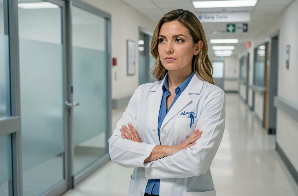 Femme chirurgien en blouse blanche dans un couloir d'hôpital adoptant une posture professionnelle confiante