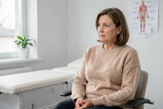 Femme d'une quarantaine d'années en consultation gynécologique discutant d'alternatives au Colpotrophine avec son médecin