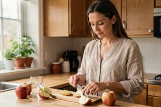 Femme qui coupe des pommes fraîches dans une cuisine en bois avec un verre d'eau, routine alimentaire anti-constipation