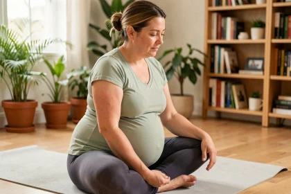 Femme enceinte pratiquant un exercice de stretching doux pour soulager les douleurs lombaires à domicile