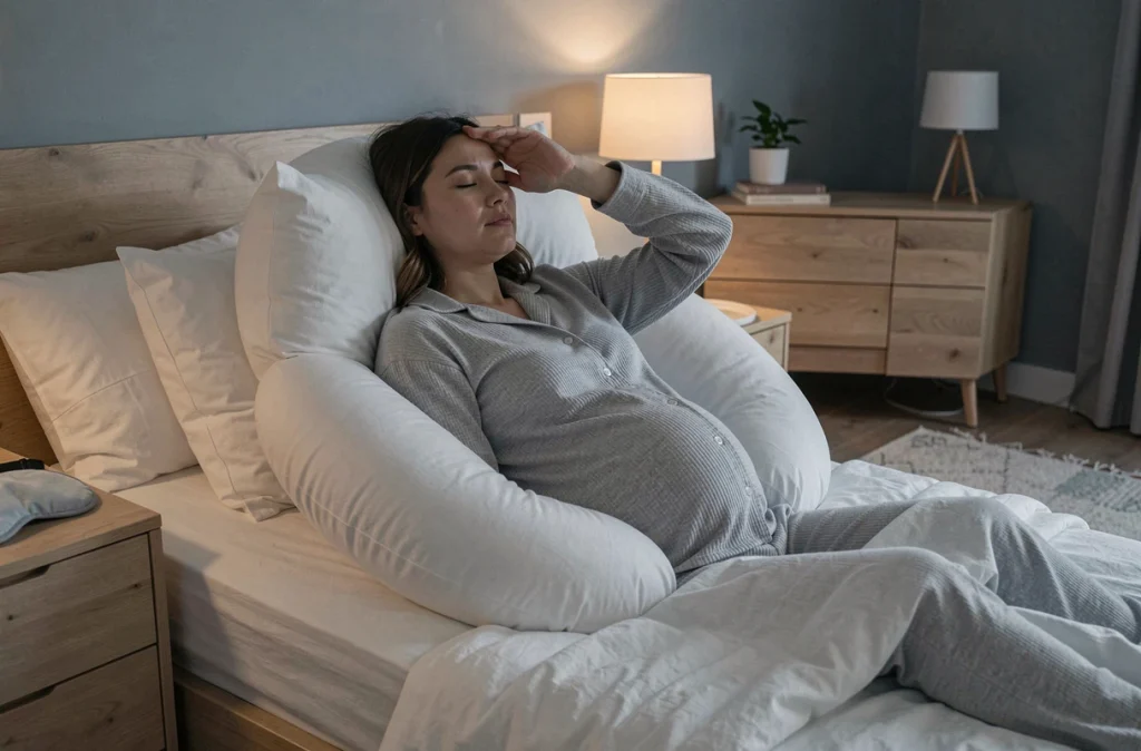 Femme enceinte au troisième trimestre assise dans son lit entourée d'oreillers de maternité en forme de U, expression fatiguée et sereine dans une chambre au style scandinave épuré