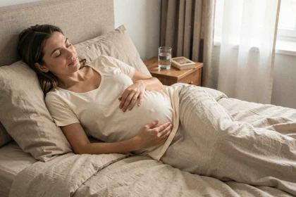 Femme enceinte au deuxième trimestre allongée sur le côté dans un lit confortable avec une literie en lin, les mains posées sur le ventre, dans une chambre lumineuse et apaisante