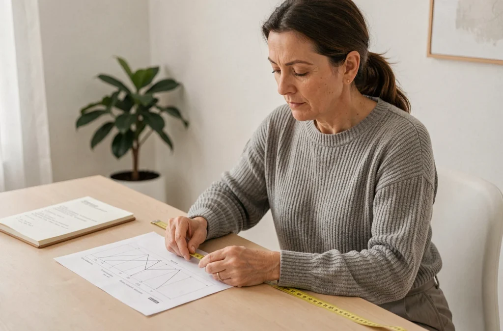 Femme consultant un tableau de mensurations et un mètre ruban sur un bureau, représentant la recherche sur la taille moyenne des femmes françaises