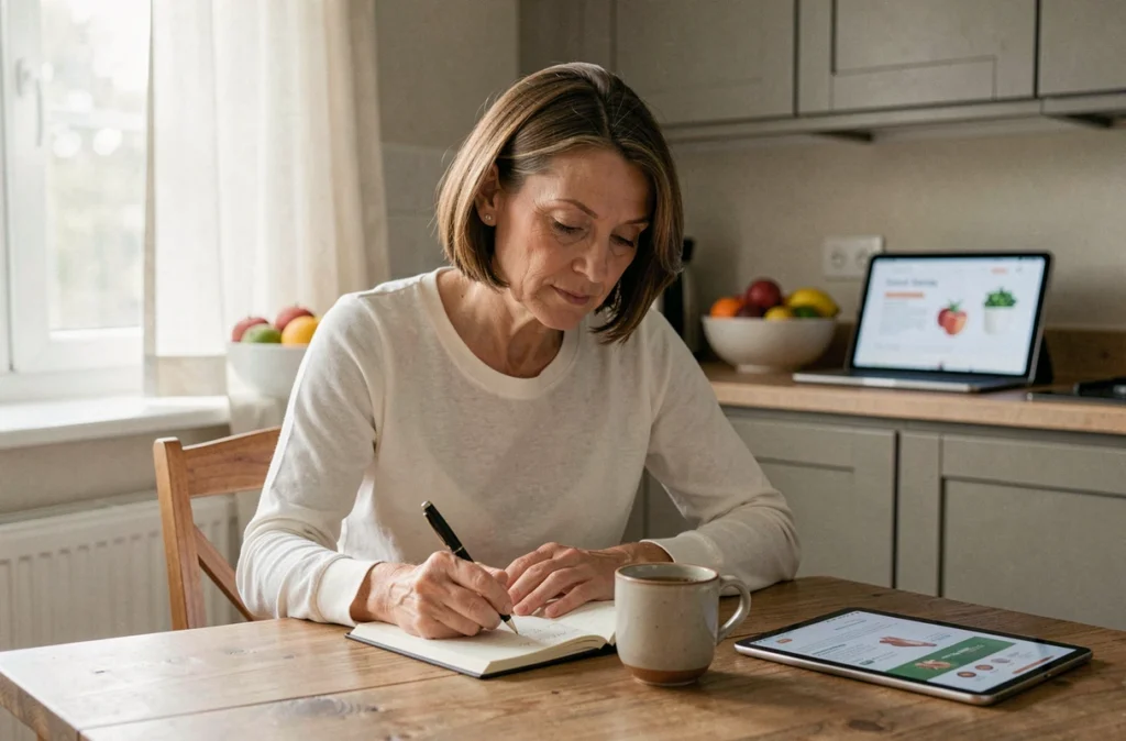 Femme mature prenant des notes à la maison sur les effets du Colpotrophine et les alternatives possibles à la ménopause