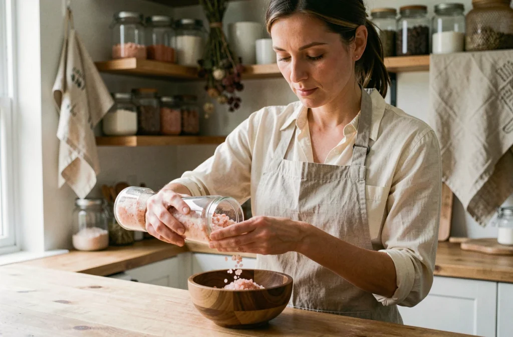 Femme mesurant du sel rose de l'Himalaya dans une cuisine naturelle en bois