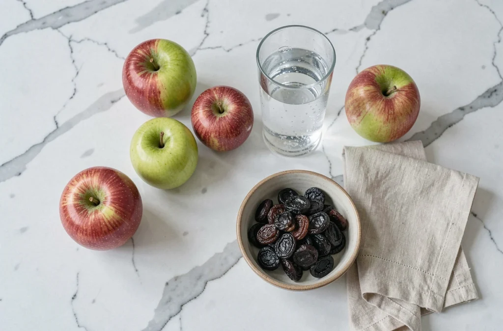 Vue du dessus de pommes, pruneaux et verre d'eau sur marbre blanc, ingrédients naturels pour soulager la constipation