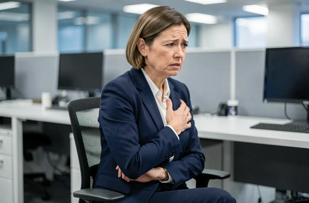 Femme en milieu professionnel exprimant une douleur dans le bras gauche et une anxiété visible, évoquant des symptômes cardiaques à surveiller