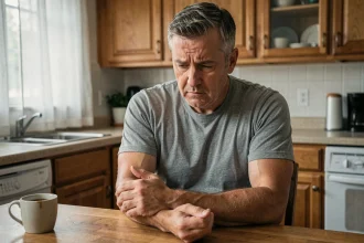 Homme d'une cinquantaine d'années tenant son bras gauche avec une expression d'inquiétude, symptôme de fourmillements dans le bras gauche