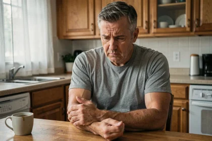 Homme d'une cinquantaine d'années tenant son bras gauche avec une expression d'inquiétude, symptôme de fourmillements dans le bras gauche