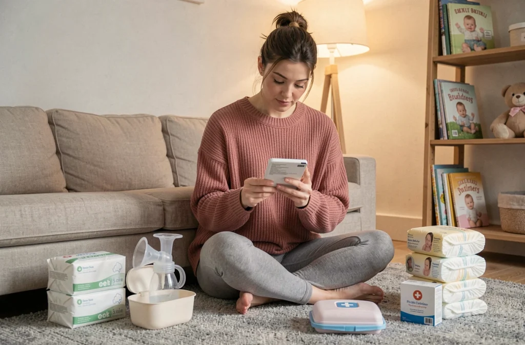 Future maman assise sur un canapé en train de préparer les essentiels et produits pour l'arrivée du nouveau-né