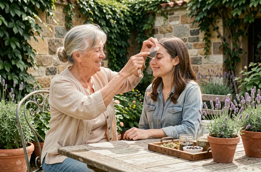 Grand-mère partageant un remède naturel pour les yeux fatigués avec sa petite-fille dans un jardin ensoleillé