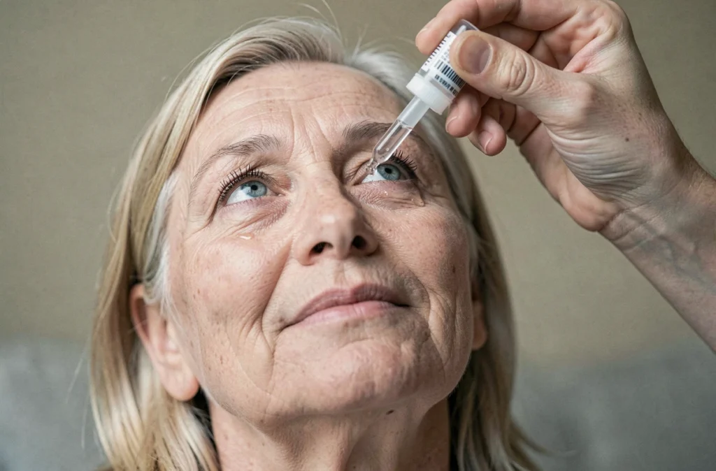 Gros plan administration de gouttes oculaires après chirurgie de la cataracte à domicile