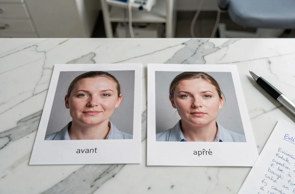 Gros plan de photographies avant-après posées sur un marbre blanc avec notes d'évaluation manuscrites
