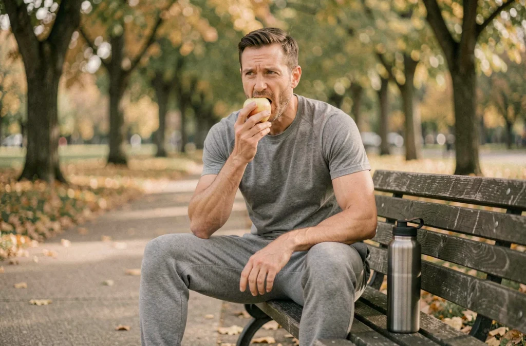 Homme qui mange une pomme sur un banc de parc avec une bouteille d'eau, activité physique et alimentation pour lutter contre la constipation