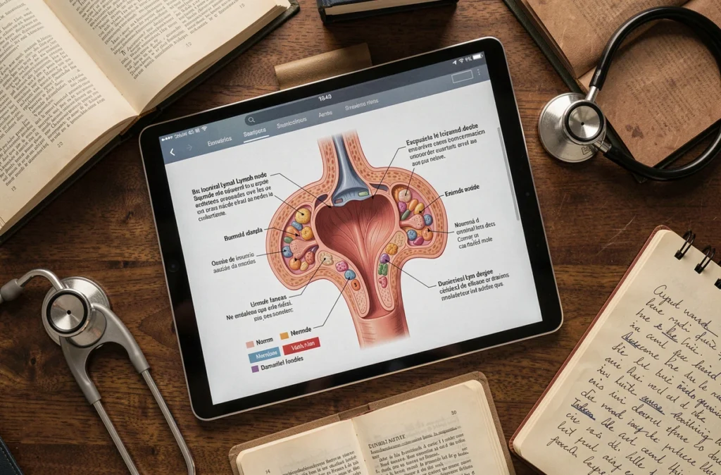 Illustration anatomique des ganglions lymphatiques de l'aine sur tablette médicale avec notes de médecin