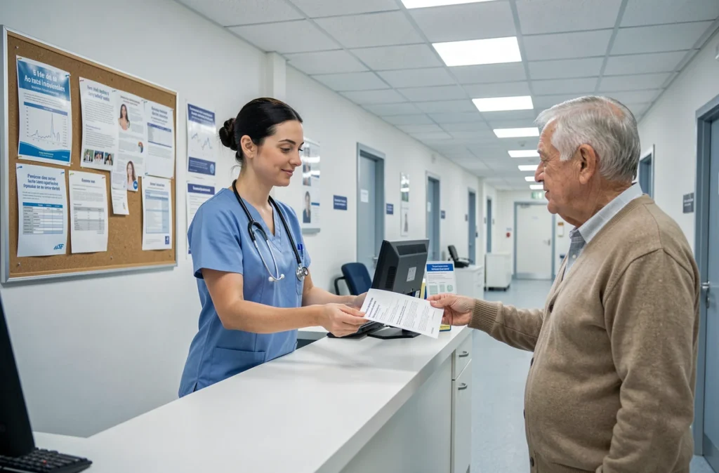 Une infirmière remet un bon de transport médical à un patient dans un centre de dialyse pour une prise en charge par l'Assurance Maladie