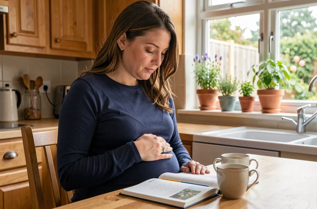 Femme enceinte consultant un journal de suivi de grossesse semaine par semaine à la table de cuisine, main sur le ventre arrondi