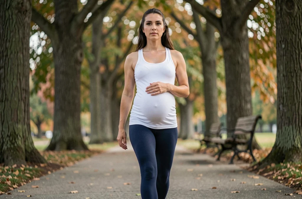 Femme enceinte marchant sur un chemin de parc ombragé pour une activité physique adaptée en plein air