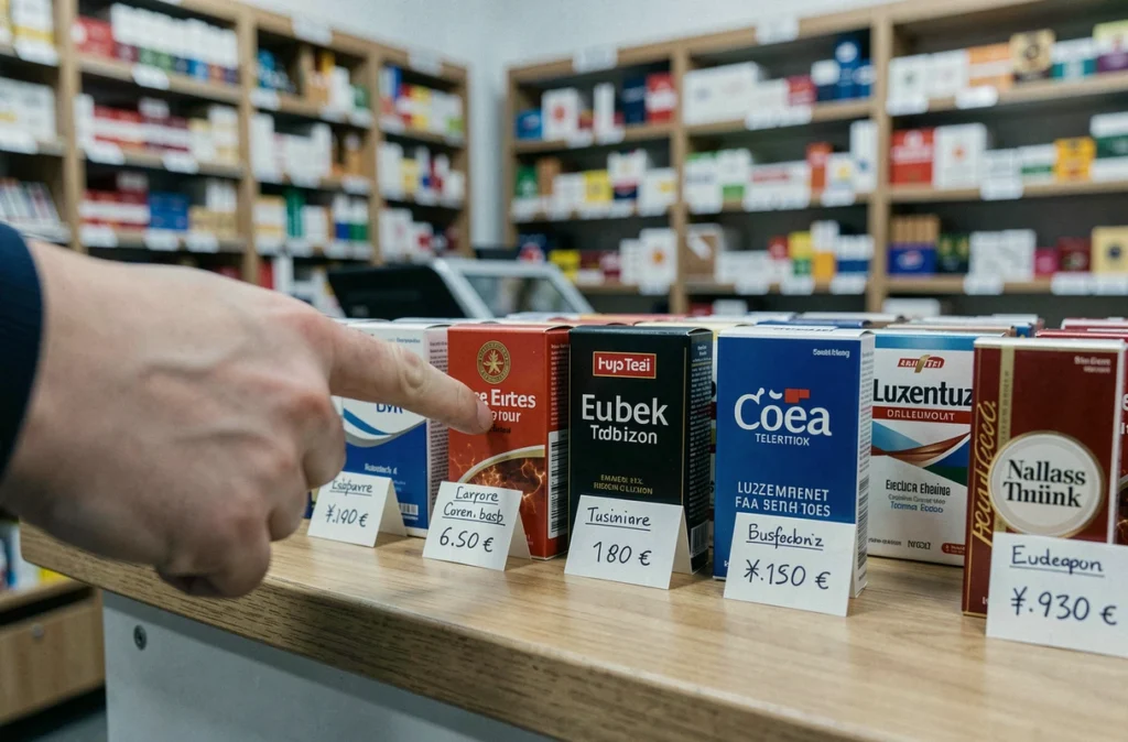 Comparaison de plusieurs paquets de cigarettes avec étiquettes de prix en euros sur un comptoir de bureau de tabac au Luxembourg