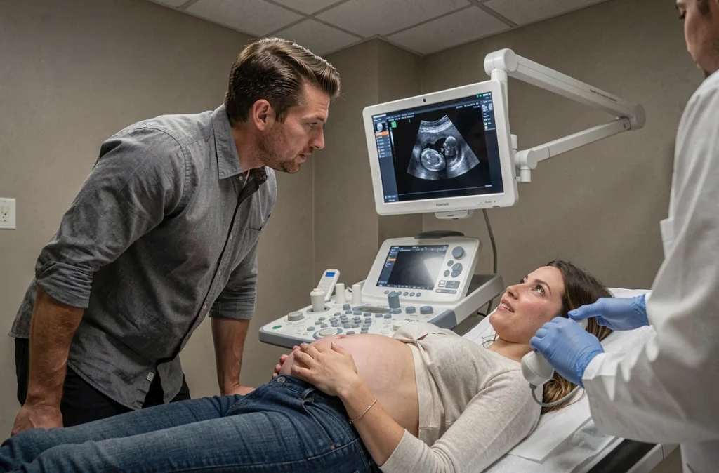 Partenaire présent lors de l'échographie, couple ému devant l'image du bébé à naître