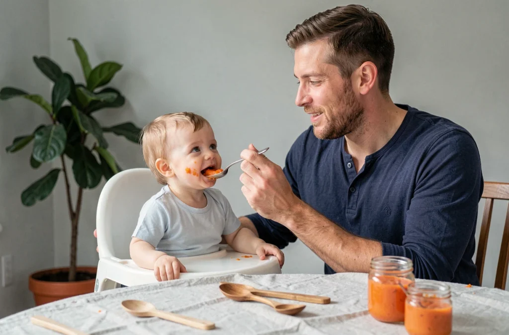 Père nourrissant son bébé avec une purée de carottes lors d'un repas équilibré à la maison