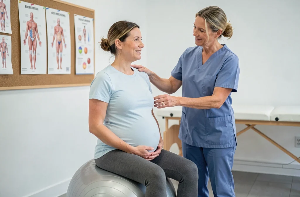 Femme enceinte accompagnée d'une physiothérapeute lors d'une séance d'activité adaptée sur ballon de grossesse en cabinet