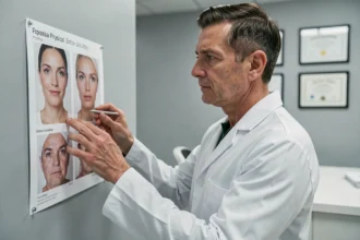 Praticien en esthétique médicale analysant des résultats avant-après dans une salle de consultation moderne