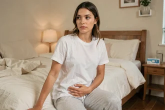 Jeune femme enceinte aux premiers stades de la grossesse assise sur son lit, main posée sur le ventre, expression sereine et introspective